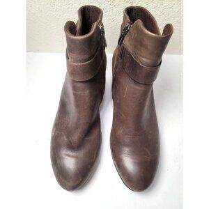 Ecco Brown Leather Ankle Heel Boots Strap & Side Zipper Closure Size 39